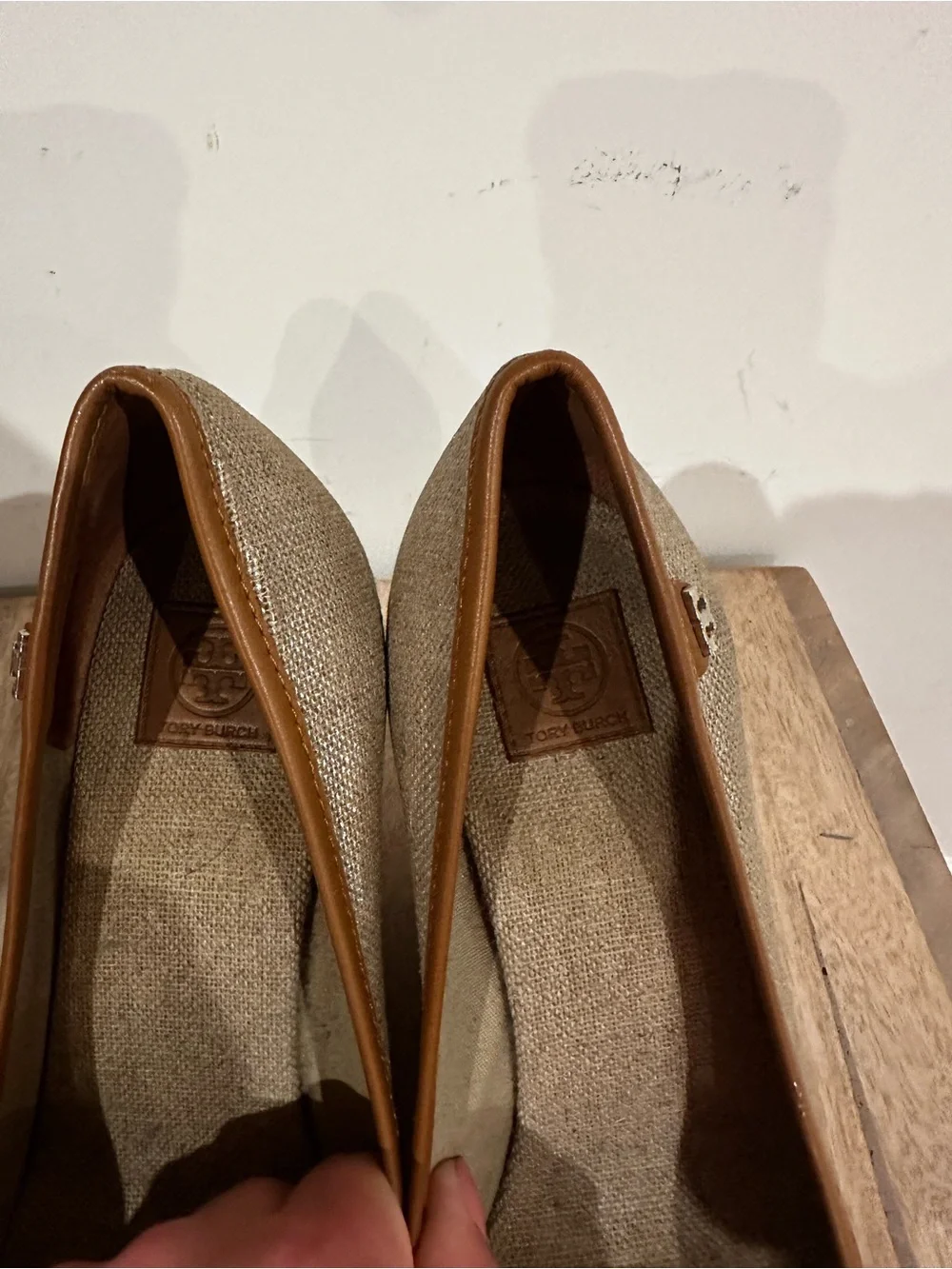 Tory Burch Beige Linen and Brown Leather Trim Espadrille Wedge